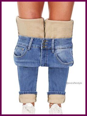 Fleece Lined High Waisted Skinny Jeans Stretch Winter Denim Pants